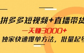 拼多多短视频 直播带货,一天赚3000 独家快速爆单方法,批量起号