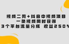 视频二剪 抖音中视频项目:一条视频获得3个平台流量分成 收益250% 价值4980